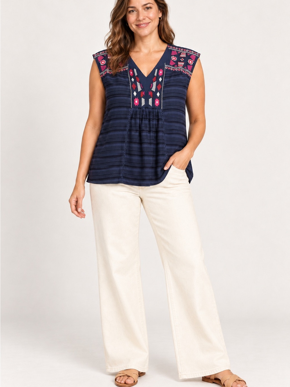 Artisan NY Women’s Large Navy Embroidered Boho Sleeveless Babydoll Top